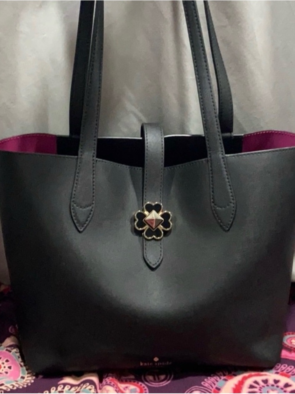 Kate Spade Black/Pink Leather Tote with unique metal Clover design lock clasp